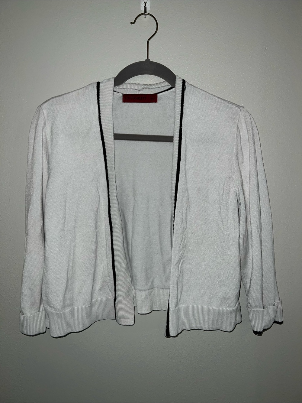 Classic Open-Front White Cardigan with Black Trim